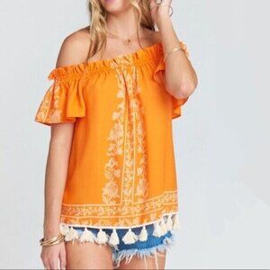 Show Me Your Mumu Women's Orange Tassel Off-Shoulder Tunic Top Size Medium